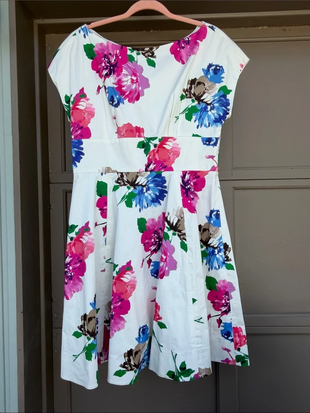 kate spade boatneck White Floral Fit-and-Flare Dress with Pink & Blue Blooms